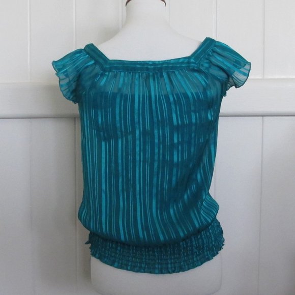 3/$15 BCX | Y2K Teal Career Smock Hem Stretch Blouse - Picture 3 of 6